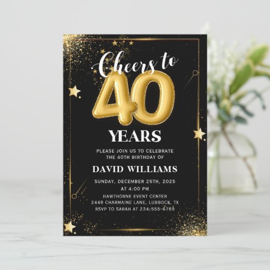 Zwarte gouden ballonnen 40e verjaardag uitnodiging (Staand voorkant)
