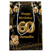 Zwarte gouden ballonnen 60e verjaardag cadeau tas medium cadeauzakje (Voorkant)