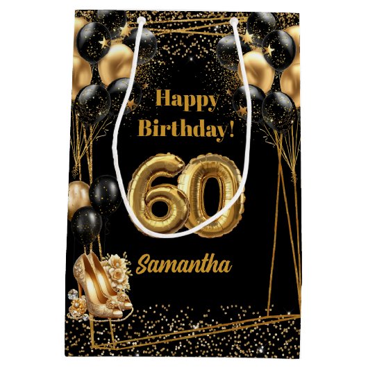 Zwarte gouden ballonnen 60e verjaardag cadeau tas medium cadeauzakje (Achterkant)