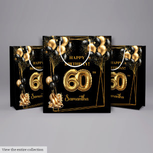 Zwarte gouden ballonnen 60e verjaardag cadeau tas medium cadeauzakje