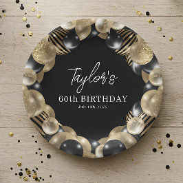 Zwarte Gouden Ballonnen 60e Verjaardag Papieren Bordje