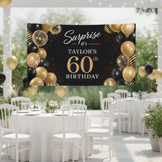 Zwarte Gouden Ballonnen 60e Verjaardag Spandoek