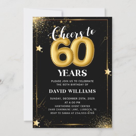 Zwarte gouden ballonnen 60e verjaardag uitnodiging (Voorkant)