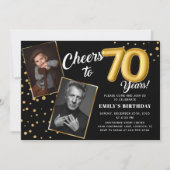 Zwarte gouden ballonnen 70e verjaardag foto uitnod kaart (Voorkant)