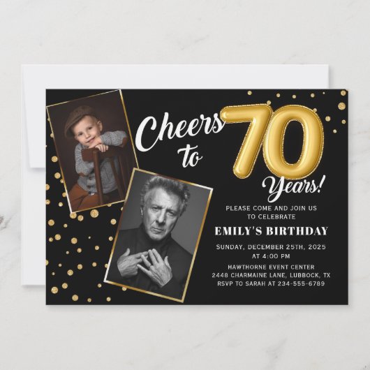 Zwarte gouden ballonnen 70e verjaardag foto uitnod kaart (Voorkant)