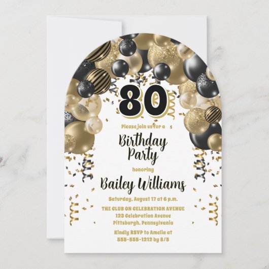 Zwarte gouden ballonnen 80ste verjaardagsfeest kaart (Voorkant)