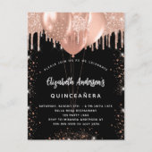 Zwarte gouden ballonnen van Quinceanera-roos glitt Uitnodiging Briefkaart (Voorkant)