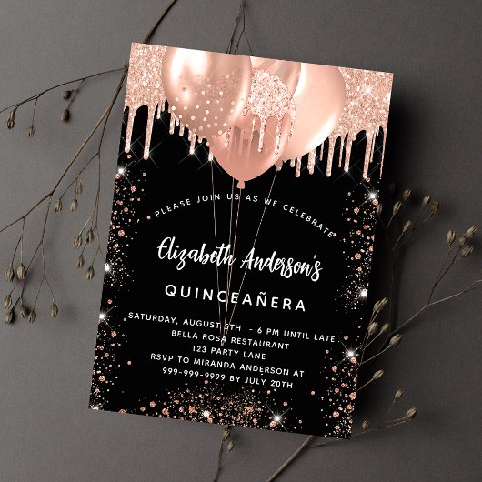 Zwarte gouden ballonnen van Quinceanera-roos glitt Uitnodiging Briefkaart