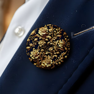 Zwarte & Gouden Barokke Bloem Kunst Speld Knoop Ronde Button 6,0 Cm