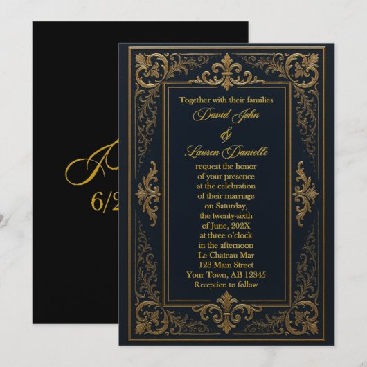 Zwarte & Gouden Blad Koninklijke Uitnodiging (Voorkant / Achterkant)