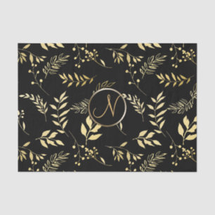 Zwarte Gouden Bladeren Chic Monogram Letter Initia Tissuepapier