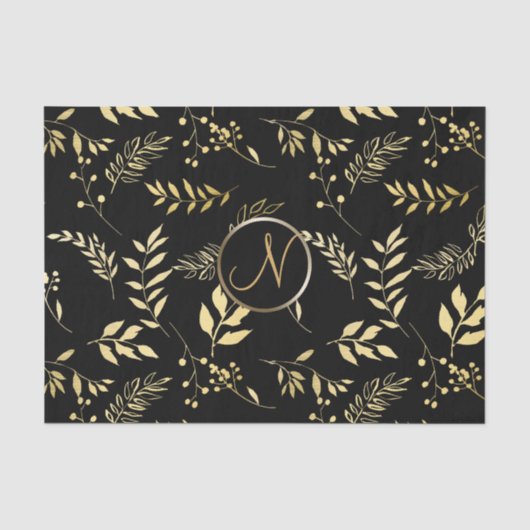 Zwarte Gouden Bladeren Chic Monogram Letter Initia Tissuepapier (Voorkant)