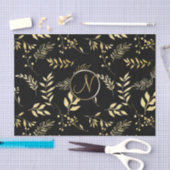 Zwarte Gouden Bladeren Chic Monogram Letter Initia Tissuepapier (Craft)