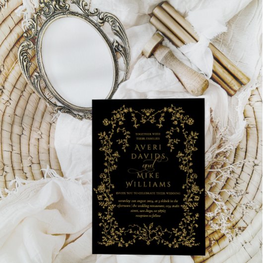 Zwarte Gouden Bloem Lijst Trouwdag Elegantie Ouder Kaart