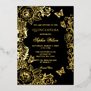 Zwarte Gouden Bloem Vlinder Quinceañera Folie Uitnodiging