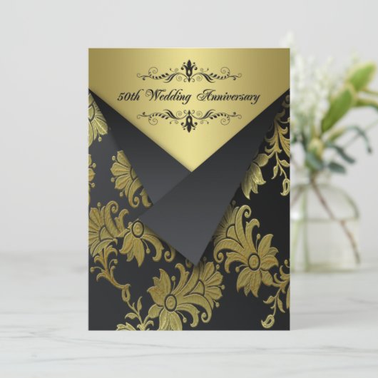 Zwarte, gouden bloemen 50ste verjaardag uitnodigin kaart (Staand voorkant)