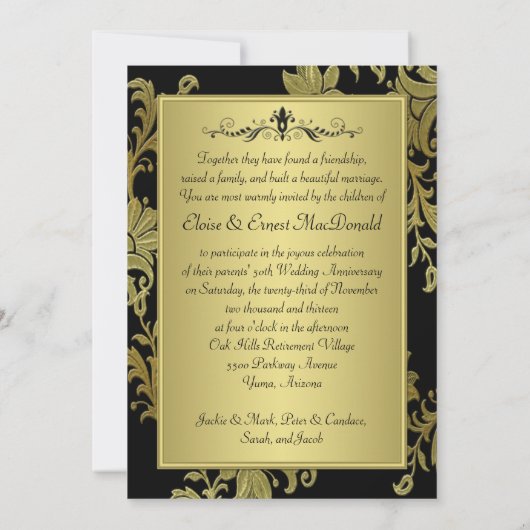Zwarte, gouden bloemen 50ste verjaardag uitnodigin kaart (Achterkant)