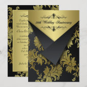Zwarte, gouden bloemen 50ste verjaardag uitnodigin kaart (Voorkant / Achterkant)
