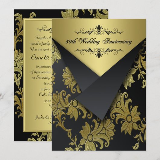 Zwarte, gouden bloemen 50ste verjaardag uitnodigin kaart (Voorkant / Achterkant)