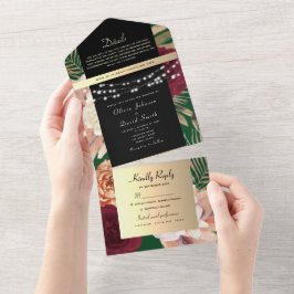 Zwarte Gouden Bloemen Bruiloft All In One Uitnodiging