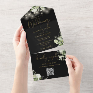 Zwarte Gouden Bloemenslinger Lichtjes QR Code Trou All In One Uitnodiging