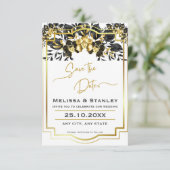 Zwarte Gouden Bloemige Geometrische Monogram Achte Save The Date (Staand voorkant)