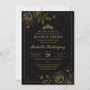 Zwarte Gouden Bloemige Quinceañera Kaart