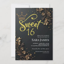 Zwarte Gouden Bloemige Sweet 16 Verjaardag