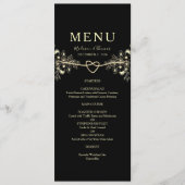 Zwarte Gouden Bloemige Trouw Menu Kaart (Voorkant)