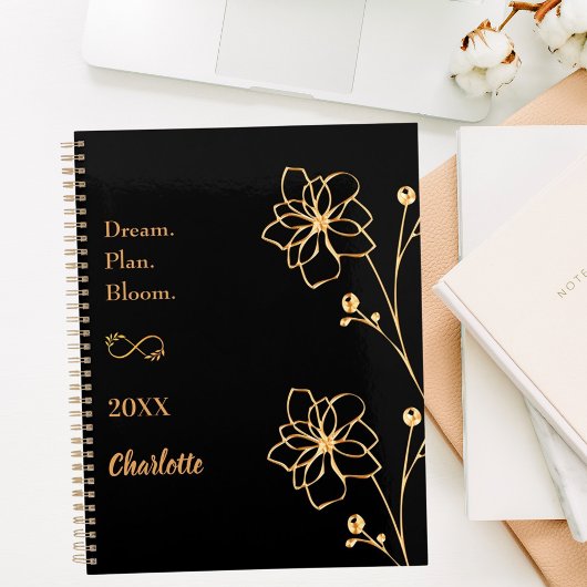 Zwarte gouden bloemmotiverende quote 2026 planner