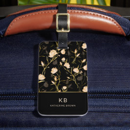 Zwarte gouden bloempatroon trendy stijlvol bagagelabel