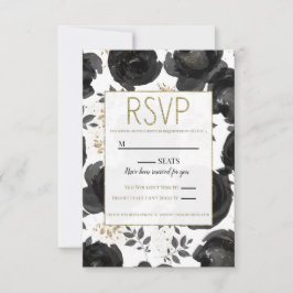 Zwarte Gouden Bloemrijke Glam Bladeren Bruiloft RSVP Kaartje