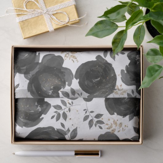 Zwarte Gouden Bloemrijke Glam Bladeren Bruiloft Tissuepapier (Geschenk)