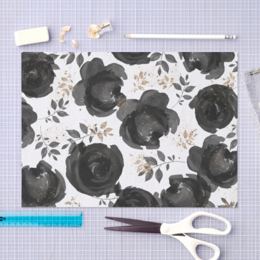 Zwarte Gouden Bloemrijke Glam Bladeren Bruiloft Tissuepapier (Craft)