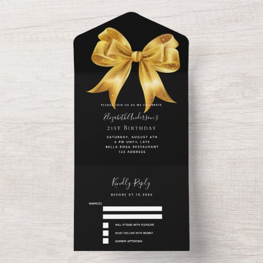 Zwarte gouden boog rsvp verjaardag all in one uitnodiging (Binnen)