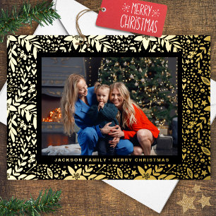 Zwarte Gouden Botanische Kerstframe Foto Folie Feestdagenkaart