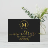 Zwarte Gouden Botanische Krans Monogram Nieuw Adre Aankondiging (Staand voorkant)