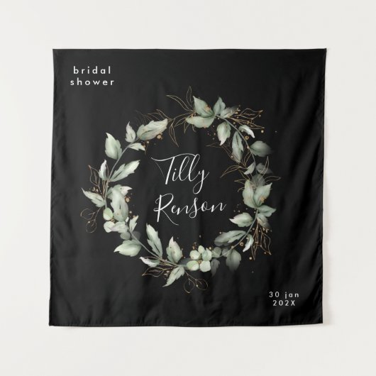 Zwarte Gouden Botanische Succulente Bruidsdouche Wandkleed (Voorkant)