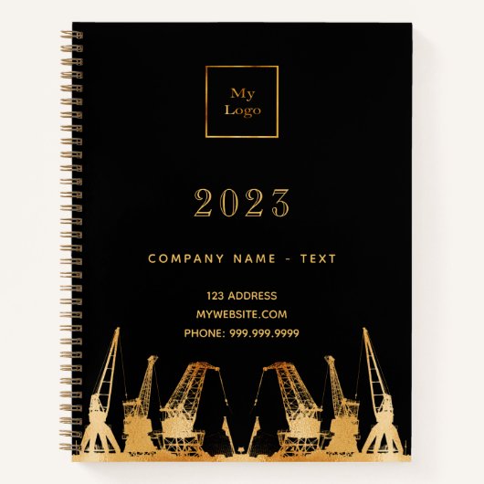 Zwarte gouden bouwkranen business logo 2026 notitieboek (Voorkant)