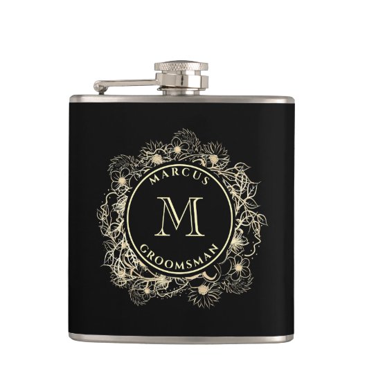 Zwarte Gouden Bruidsjonker Monogram Fles Heupfles (Voorkant)