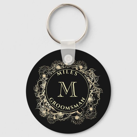 Zwarte Gouden Bruidsjonker Monogram Sleutelhanger (Voorkant)