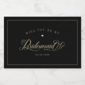 Zwarte & Gouden Bruidsmeisje Mini Mousserende Wijn Sparkling Wijnetiket (Enkel label)