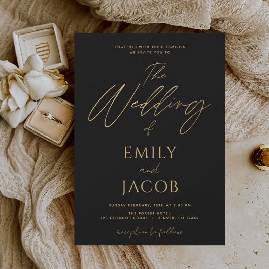 Zwarte Gouden Bruiloft Moderne Typografie Script U Folie Uitnodiging