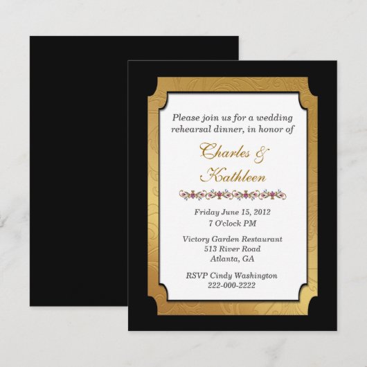 Zwarte & gouden bruiloft repetitie kaart (Voorkant / Achterkant)
