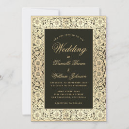 Zwarte Gouden Bruiloft Vintage Bloemrijke Elegante Kaart