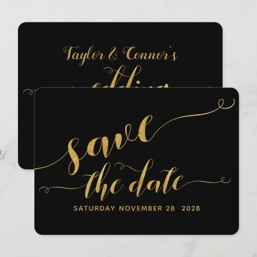 Zwarte & Gouden Calligrafie Trouw Save The Date Kaart (Voorkant / Achterkant)