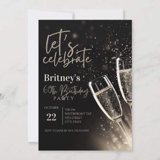 Zwarte gouden champagne 60ste verjaardagsfeest kaart (Voorkant)