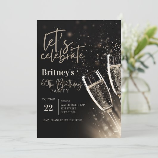 Zwarte gouden champagne 60ste verjaardagsfeest kaart (Staand voorkant)