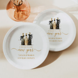 Zwarte Gouden Champagne Proost op Nieuwjaarsfeest Papieren Bordje