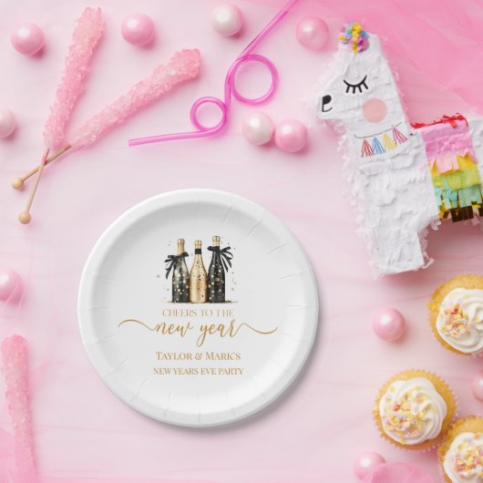 Zwarte Gouden Champagne Proost op Nieuwjaarsfeest Papieren Bordje (Feest)